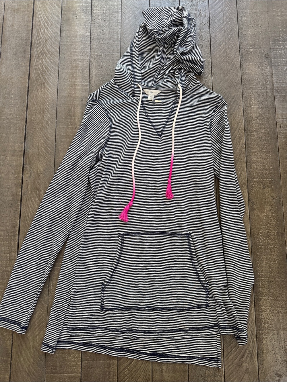 Lucky Brand Navy & White Striped Hooded Pullover with Pink Tassels